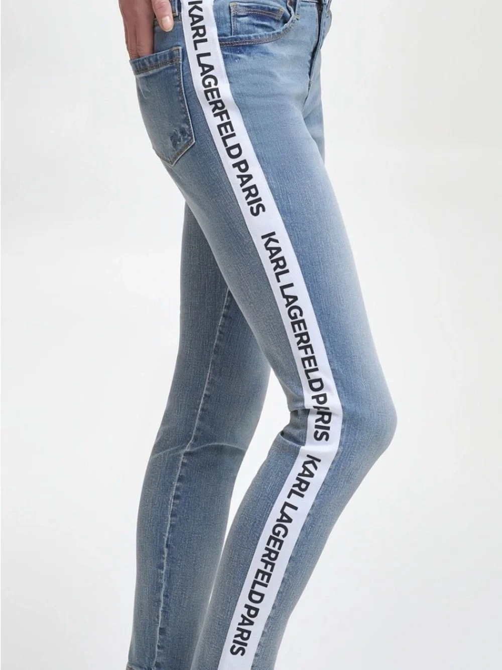 Karl Lagerfeld Blue Skinny Jeans with White Branded Side Tape - Picture 1 of 5